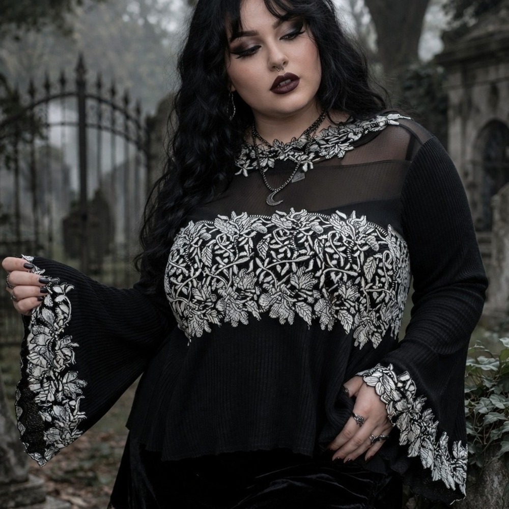 Venus Embroidered Mesh Top Women 3X Floral Sheer Whimsigoth Dark Romance Flowy